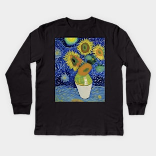 Starry Night Meets Sunflowers By Ricaso Kids Long Sleeve T-Shirt